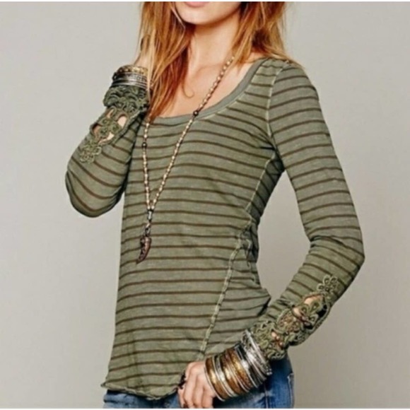 Free People Tops - Free People Hard Candy Striped Crochet Cuff Top